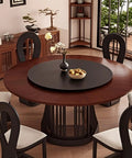 Heavy Duty Sintered Stone Lazy Susan Silent Rotating Serving Tray For Kitchen Table Gamechanger Round Centerpiece With Slick Smooth Spin And No Hassle White Finish Upgrade on a round wooden table with black tray.