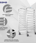 Built Tough Ten Tier Rolling Sheet Pan Rack Aluminum Bun Baker Shelf With Swivel Wheels Rust Resistant side angle view