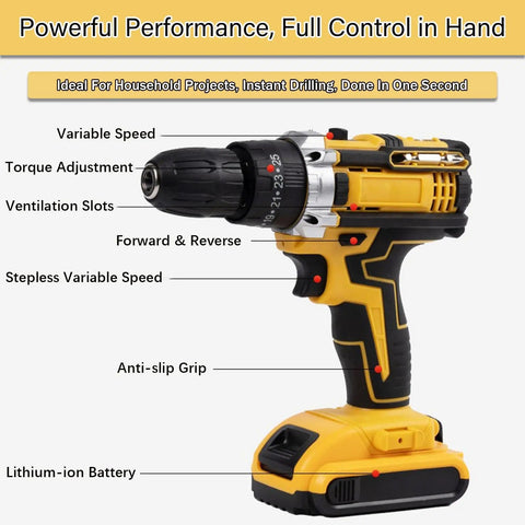 Heavy Duty Brushless Cordless Electric Drill Featuring Pro Level Torque Control And Snappy Variable Speed Trigger designed with variable speed and anti-slip grip.