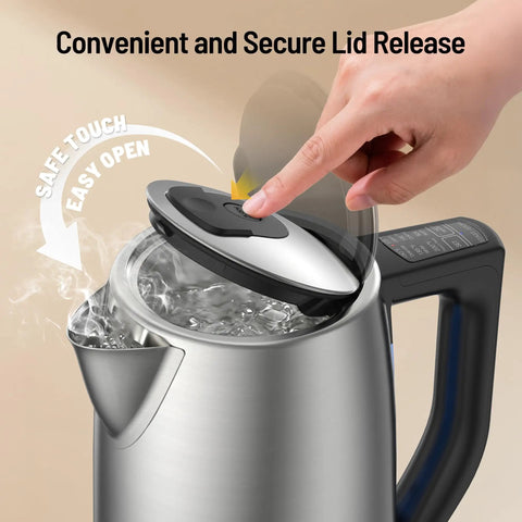 Person opening lid of Six Preset Temperature Electric Kettle With Dope Precision Control, 1.7L Stainless Steel, steam visible