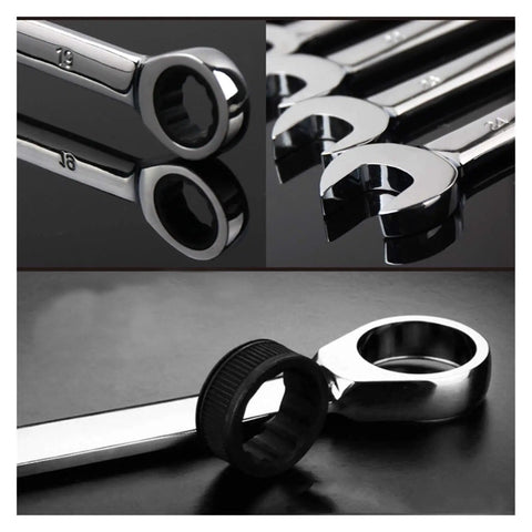 Close-up of 72-Tooth Ratchet Spanner Set With Fixed Head Wrenches, Universal Ratcheting Wrenches, 12-piece black finish.
