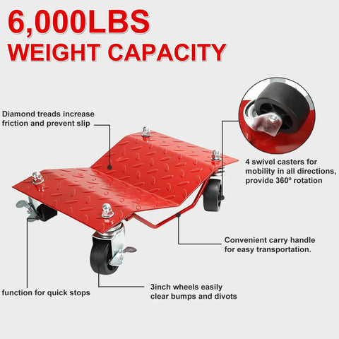 Heavy Duty Tire Skates 4 Pack Wheel Dollies With Slick Swivel Ball Bearing Casters For Hassle Free Car Transport And Gear Moves 6000 Lb Capacity with red platform and swivel casters.