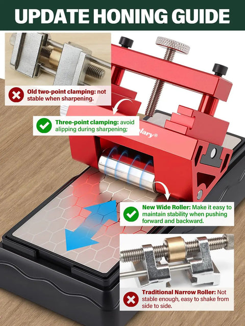 Updated honing guide on double-sided chisel sharpening kit with diamond stones, includes new wide roller for stability.