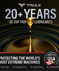 Triax 20+ Years of Top Tier Lubricants logo, emphasizing product durability for extreme machines, black and gold design.