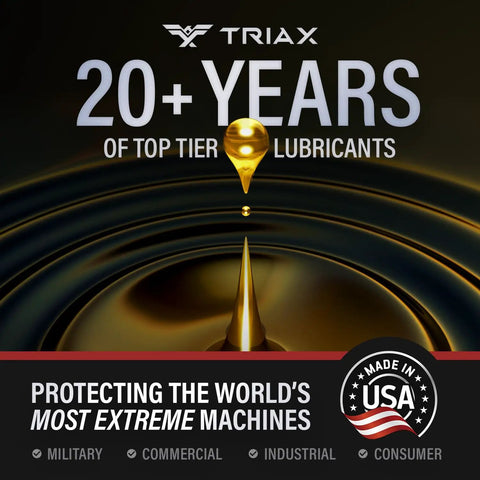 Triax 20+ Years of Top Tier Lubricants logo, emphasizing product durability for extreme machines, black and gold design.