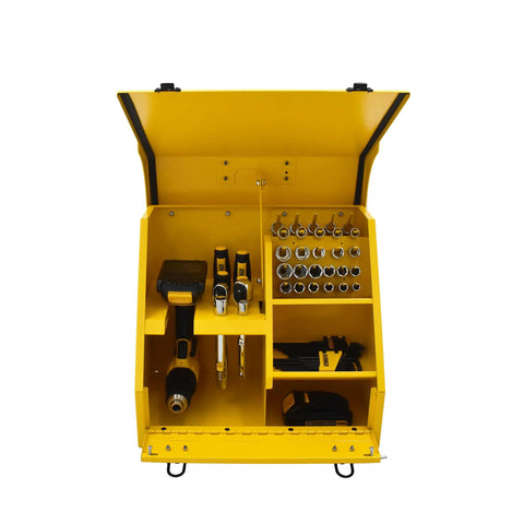 Badass Heavy Duty Steel Portable Toolbox Bright Yellow Compact 15x10 Job Site Rugged Case open showing organized sockets and drills.