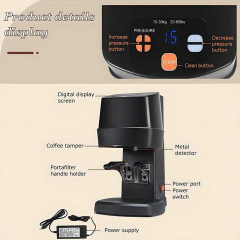 Electric Automatic Espresso Tamper For 58 Millimeter Portafilters Featuring Adjustable Pressure and Precision Distribution, showing digital display and components.