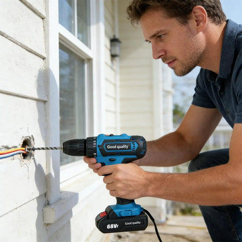 Man using The 21V Cordless Power Drill Kit Is A Solid Heavy Lifter Featuring Brushless Motor 2 Speed Settings For Hassle Free Metal And Concrete Jobs Powered By A Rechargeable Battery That Handles Everything on a wall.