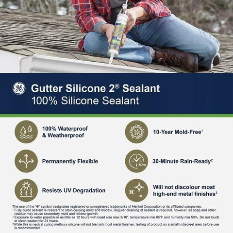 Man applying Clear Silicone Gutter Caulk 10.1 Oz, Fast-Setting Exterior Sealant for Gutters and Roof Edges on roof edge.
