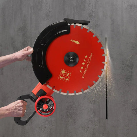 Heavy Duty Electric Concrete Saw With Four Thousand Watt Motor And Industrial Diamond Blade For Cutting Granite Porcelain Wood And Masonry job site ready, held in hand with water cooling feature.
