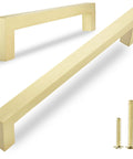 5 Pack Solid Brass Cabinet Pulls With Six And A Quarter Inch Hole Centers In Brushed Matte Gold Square Drawer Handles shown with screws