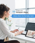 Woman using Alexa to view baby room on tablet, illustrating Four Pack Indoor 1080P Security Cameras With Motion Detection Night Vision.