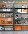 Badass Heavy Duty Five Tier Metal Storage Shelving Unit With Adjustable Height Shelves And Serious Two Thousand Pound Load Capacity For Garage Workshop And Basement Organization filled with storage bins and tools.