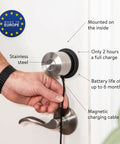 Keyless Entry Smart Lock With Wifi Electronic Deadbolt For Front Door, stainless steel charging dock mounted indoors.
