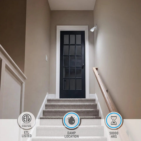 Badass Single Head LED Security Flood Light Wall Mount 10W 5000K White 1000 Lumens illuminating stairway with black door.
