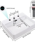 20 Inch Rectangular Ceramic Vessel Sink With Overflow For Above Counter Dope White Porcelain, includes dimensions and pop-up drain details