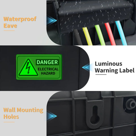 Heavy Duty Outdoor Electrical Box With Tough As Nails IP54 Rain Cover To Keep Your Power Strips Timers And Extension Cords Safe From Wild Weather While Keeping Your Yard Gear Locked And Loaded Year Round In Smooth Black features waterproof eave, warning label, and wall mounting holes.