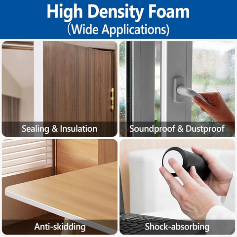 Peel and Stick Foam Weather Stripping Tape 1 Inch Wide 66 Feet Long High Density Insulation for door and window sealing applications.