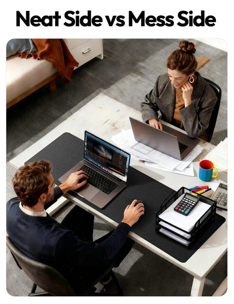 Boss Level PU Leather Desk Protector With Non Slip Grip And Waterproof Surface Sweet Wrist Rest For Smooth Mouse Slide And Kickass Desk Coverage At Home Or Office on a neat desk.