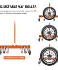 Heavy Duty Tire Dolly With Smooth Rolling 360 Swivel Casters And Rock Solid Adjustable Base For Hassle Free Wheel Moving and Garage Tire Changeups Up to 350 Pounds showing adjustable 9.6 inch roller with tires.