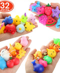 Premium Total Knockout 32 Pack Mochi Squishy Toys Kawaii Animals in vibrant colors held in hands, soft silicone, stress relief fidgets.