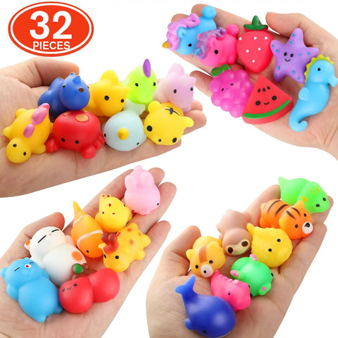 Premium Total Knockout 32 Pack Mochi Squishy Toys Kawaii Animals in vibrant colors held in hands, soft silicone, stress relief fidgets.