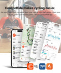 Color Touchscreen GPS Bike Computer CS600 app interface on smartphone with cycling data and route map.