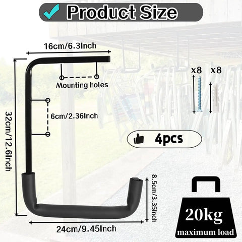 4 Pack Ceiling Mounted Garage Hooks For Overhead Storage Utility Ladder Hangers dimensions in black steel with PVC sleeve