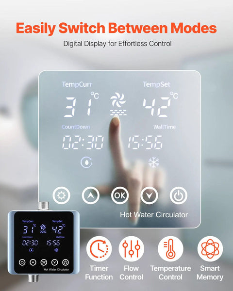 Digital control display of Smart Digital Instant Hot Water Recirculating Pump Kit under sink with Thermostat Timer