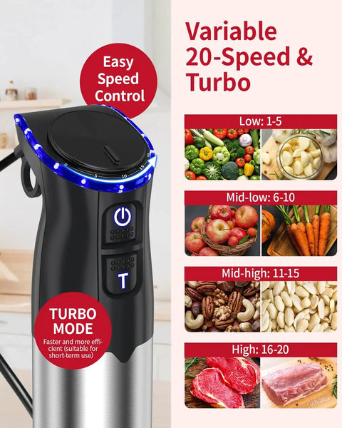 Close-up of Dead Simple Total Powerhouse 5in1 Immersion Blender With 1200W Motor and 20 Speed Settings showing control panel.