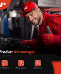 Automotive repair technician in red uniform under a vehicle, smiling and giving a thumbs-up in a workshop.
