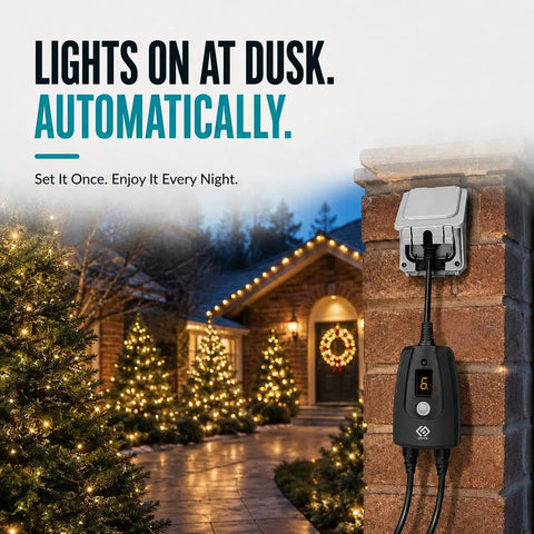 Built Tough Outdoor 24 Hour Light Timer With Photocell Dusk To Dawn Sensor mounted on brick, controlling festive garden lights.