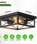 2 Light Industrial Square Flush Mount Ceiling Light Fixture For Kitchen And Hallway, Modern Black Farmhouse Ceiling Light Close To Ceiling E26, 2 Pack Sleek And Sturdy No Fuss, product dimensions displayed.