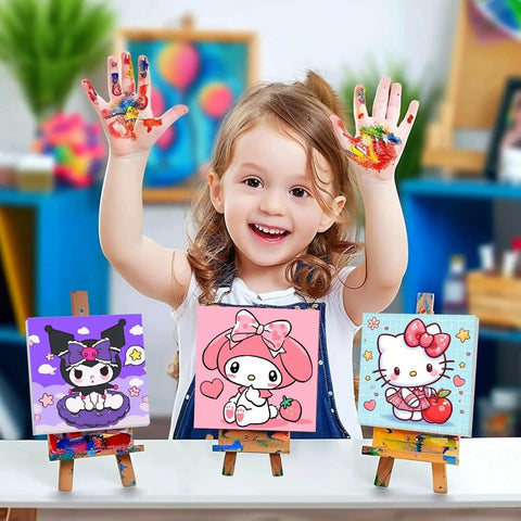 Child smiling with painted hands next to 4 Pack Kids Paint By Numbers Kit With Frame And Wooden Easel Kid Friendly DIY Acrylic Paint Set.