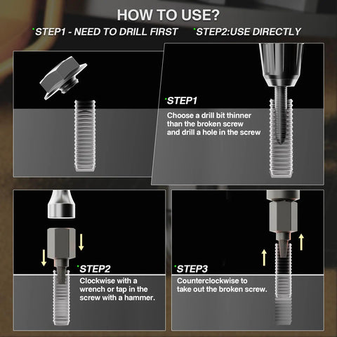 Steps to use the 27 Piece Screw Extractor Set With Three Eighth Inch Drive Pro Grade Heavy Duty Chrome Molybdenum Alloy Steel Bolt Remover Multi Spline Easy Out For Broken Bolts Screws Studs