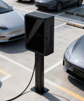 Heavy Duty Outdoor EV Charger Cover With Waterproof Lockable Shell And Worry Free Mount Base For NACS J1772 Plugs. EV charger in parking lot.