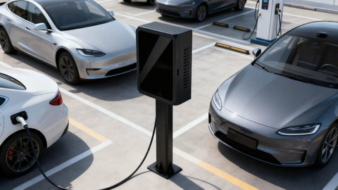 Heavy Duty Outdoor EV Charger Cover With Waterproof Lockable Shell And Worry Free Mount Base For NACS J1772 Plugs. EV charger in parking lot.
