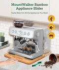 Premium Bamboo Appliance Slider Plus Rolling Kitchen Countertop Tray For Coffee Makers And Kitchen Gear Featuring Slick Rubber Wheels Heavy Duty Cabinet Glide Organizer 20 By 16 Inches, coffee machine on bamboo tray.