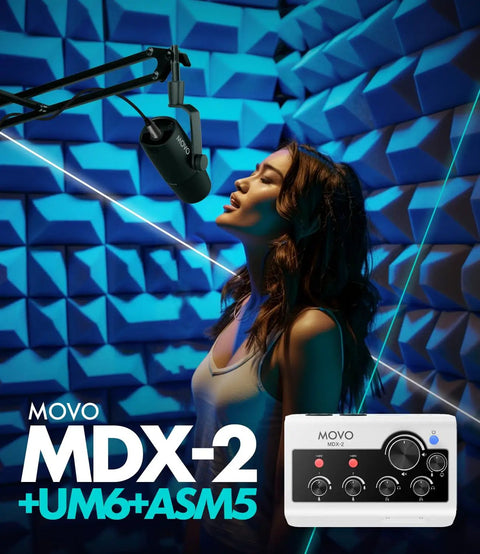Get Your Podcast Rolling With This Portable Bundle Featuring A Dope Dual Channel Audio Interface And Two Crisp Dynamic Microphones Plus Adjustable Boom Arms For Phones And Computers, showcasing the MDX-2 audio interface and UM6 microphone.