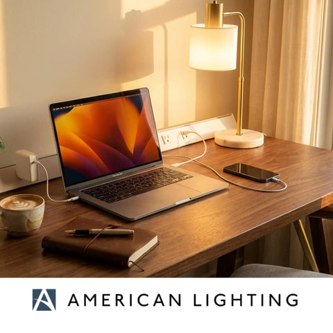 Low Profile Under Cabinet Power Strip With Three Tamper Resistant Outlets And Dual Usb A Usb C Ports Hardwired Extension Cord White Six Pack used in a home office setup.
