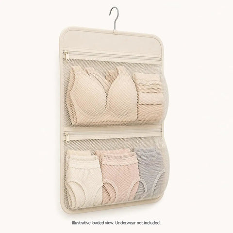 Slick Hanging Closet Sorter With Dual Zippered Mesh Pouches For Hassle Free Underwear And Sock Taming In Smooth Cream Cloth, showing mesh sections.