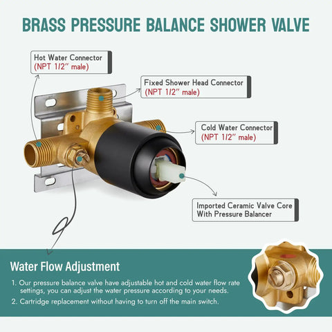 Brass pressure balance valve for 8 Inch Rainfall Shower System with adjustable circular head, matte black finish for modern bathrooms.