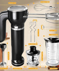 Electric Hand Mixer And Immersion Blender With Six Attachments Including Wire Whisk, detailed view of accessories and measurements.