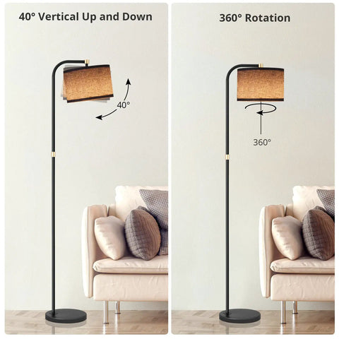Sturdy Metal Arc Floor Lamp With Two Shade Options, 9W LED Bulb, showing 40° vertical and 360° rotation in living room
