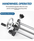 Manual Push Pull Force Test Stand With 420mm Stroke And Clamp Handwheel Controlled Spiral Mechanism For Precise Force Output Compact 5Kg Steel Frame 500N Capacity Great For Lab Or Workshop Testing. Handwheel-operated steel frame with 420mm stroke.