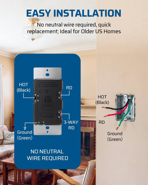 No Sweat Single Pole Three Way Slide Dimmer Light Switch With No Neutral Required For Smooth LED CFL And Halogen Bulbs Dependable House Wall Control Box installed in a living room, showing wiring and labels.