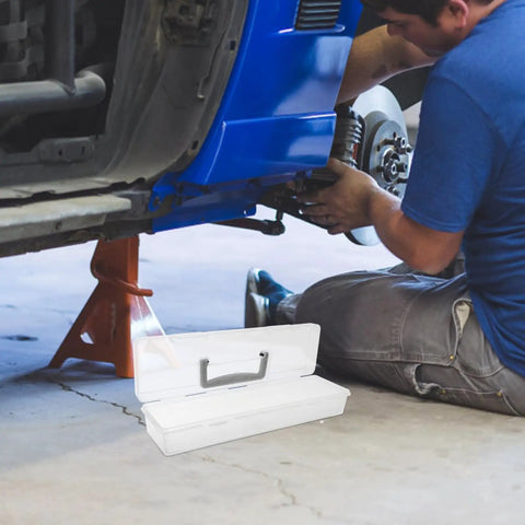 Grab And Go Portable Plastic Toolbox With Handle, Large Capacity Craft And Hardware Organizer on garage floor during auto repair.