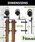 Dimensions diagram of the Ultimate Black Rustic Single Track Bypass Sliding Barn Door Hardware Kit for Four Doors.