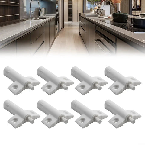Smooth Quiet Close Cabinet Dampers And Drawer Buffers Keep Your Cupboards Chill And Slam Free With Sleek Invisible Hardware For Easy Kitchen Or Bathroom Upgrades In A 10 Piece Set, shown in white plastic, 10 pieces, for cabinet installation.