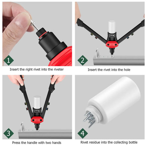 Boss Level Heavy Duty Manual Pop Rivet Gun Kit Featuring 200 Rugged Aluminum Rivets Plus Five Swap Out Nozzles Designed For Hard Core Shop Work And Instant Field Fixes showing step-by-step rivet application.